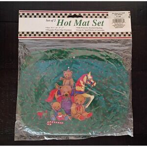 NIP 2 Pc Metal Hot Mat Set Pot Mats Christmas Teddy Bears Toys Red Green Holiday